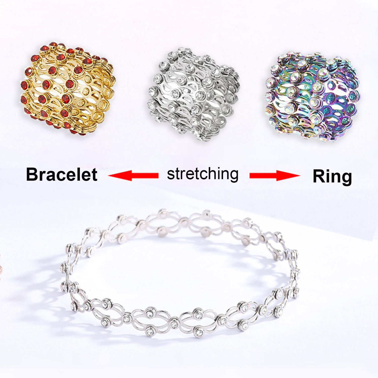 Adjustable Fashion Jewelry: Deformable Bracelet with Magic Rhinestone Rings, 2-in-1 Folding and Retractable, Women’s Ins Style